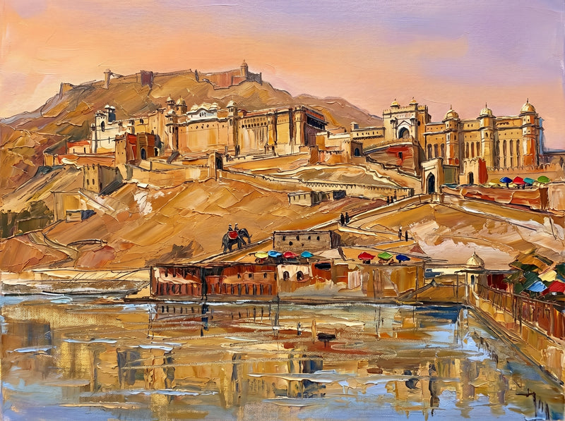 Amber Fort Jaipur over Maota Lake — Original Impressionist Canvas painting