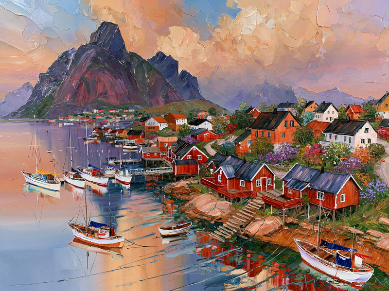 The Red Cabins of Lofoten IV — Original Impressionist Canvas painting