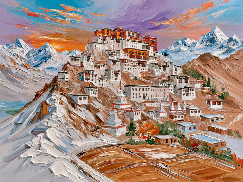 Thiksey Monastery at Sunrise IV — Original Impressionist Canvas painting