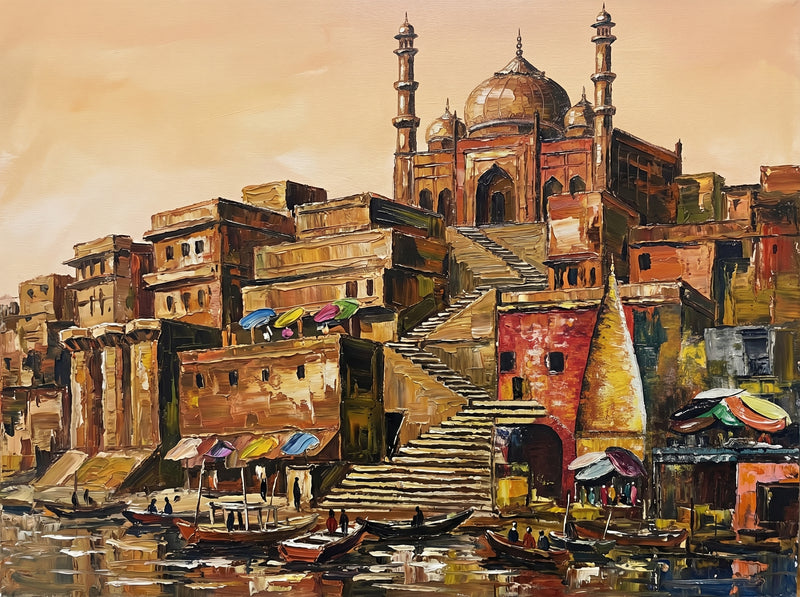 Panchganga Ghat Varanasi & Alamgir Mosque — Original Impressionist Canvas painting