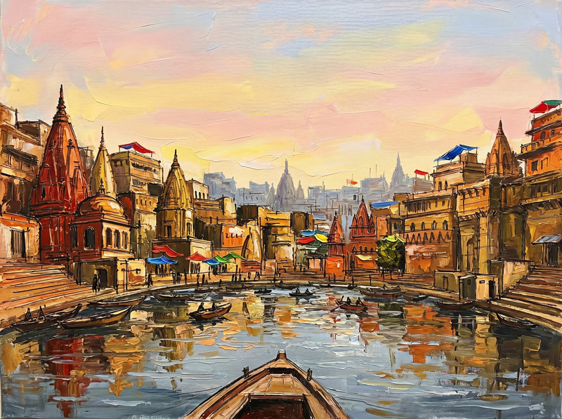 Varanasi Ghats from the River — Original Impressionist Canvas painting