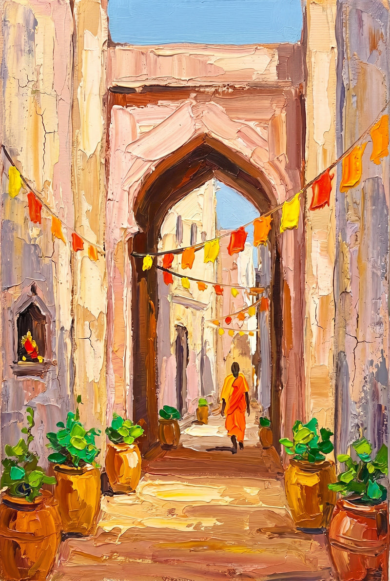 Vrindavan Lane with Festival Flags — Original Impressionist Canvas painting
