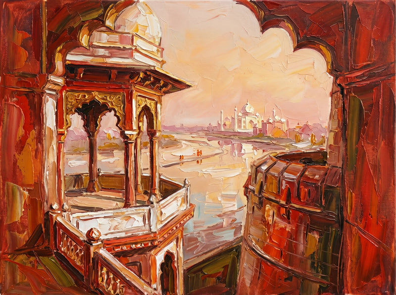 Palette-knife oil painting from inside Agra Fort, a white marble domed balcony and brick-red sandstone ramparts framing the hazy ivory Taj Mahal across the Yamuna under a cream sky