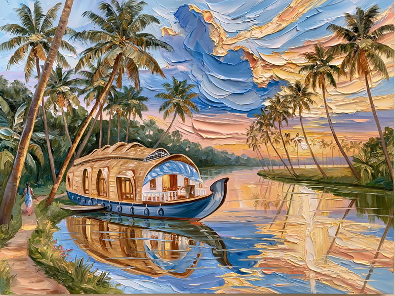 Palette-knife oil painting of a wooden houseboat moored among coconut palms on the Alleppey backwaters at dawn, still green water and warm gold light