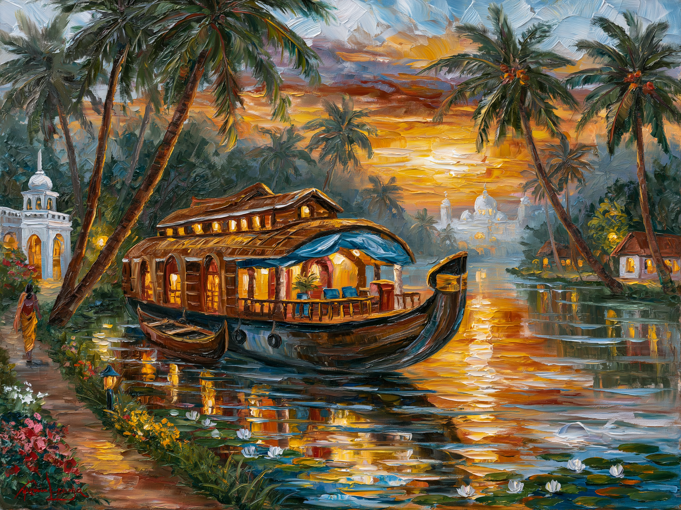 Palette-knife oil painting of a wooden houseboat moored among coconut palms on the Alleppey backwaters at dawn, still green water and warm gold light