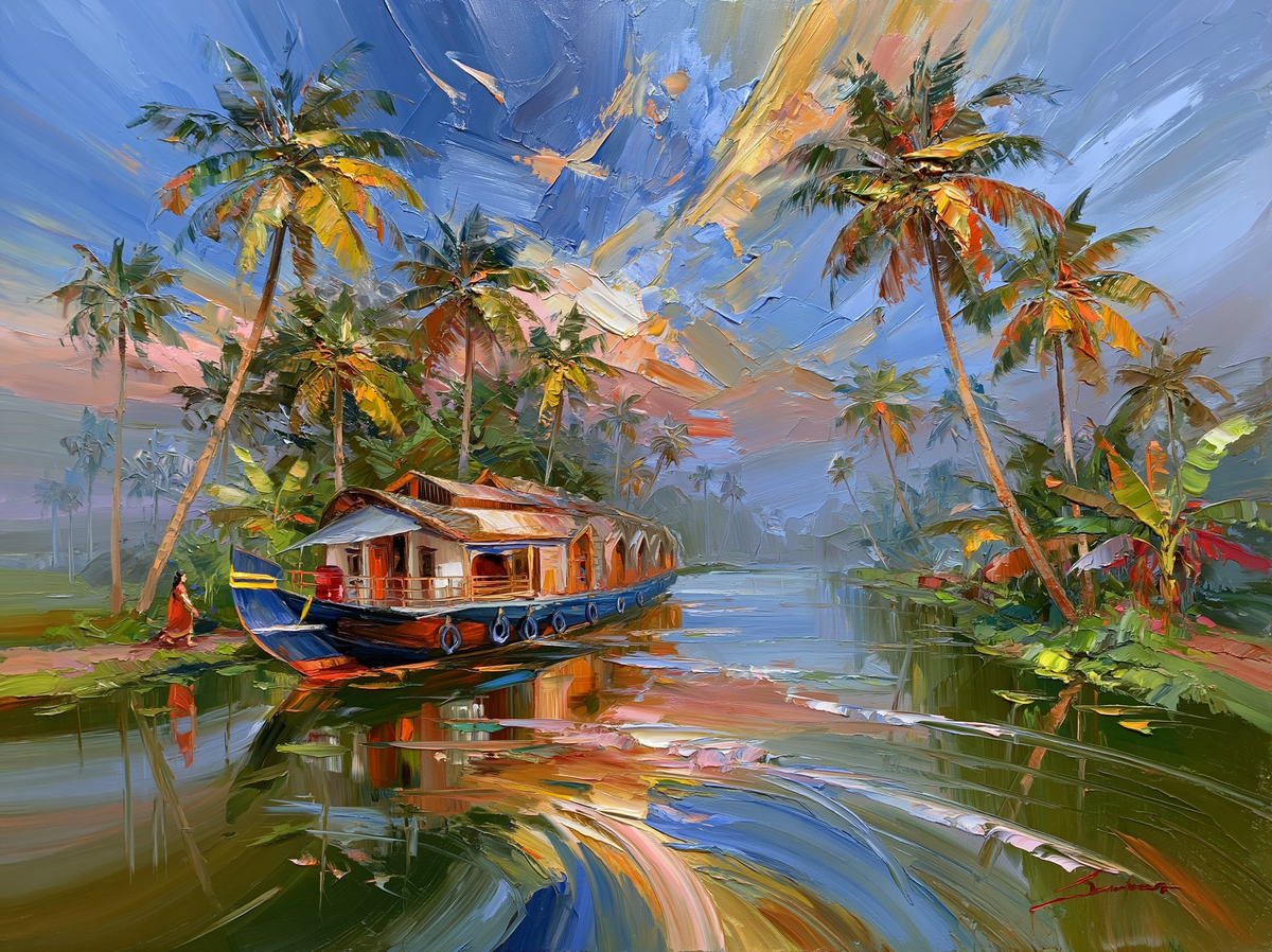 Palette-knife oil painting of a wooden houseboat moored among coconut palms on the Alleppey backwaters at dawn, still green water and warm gold light