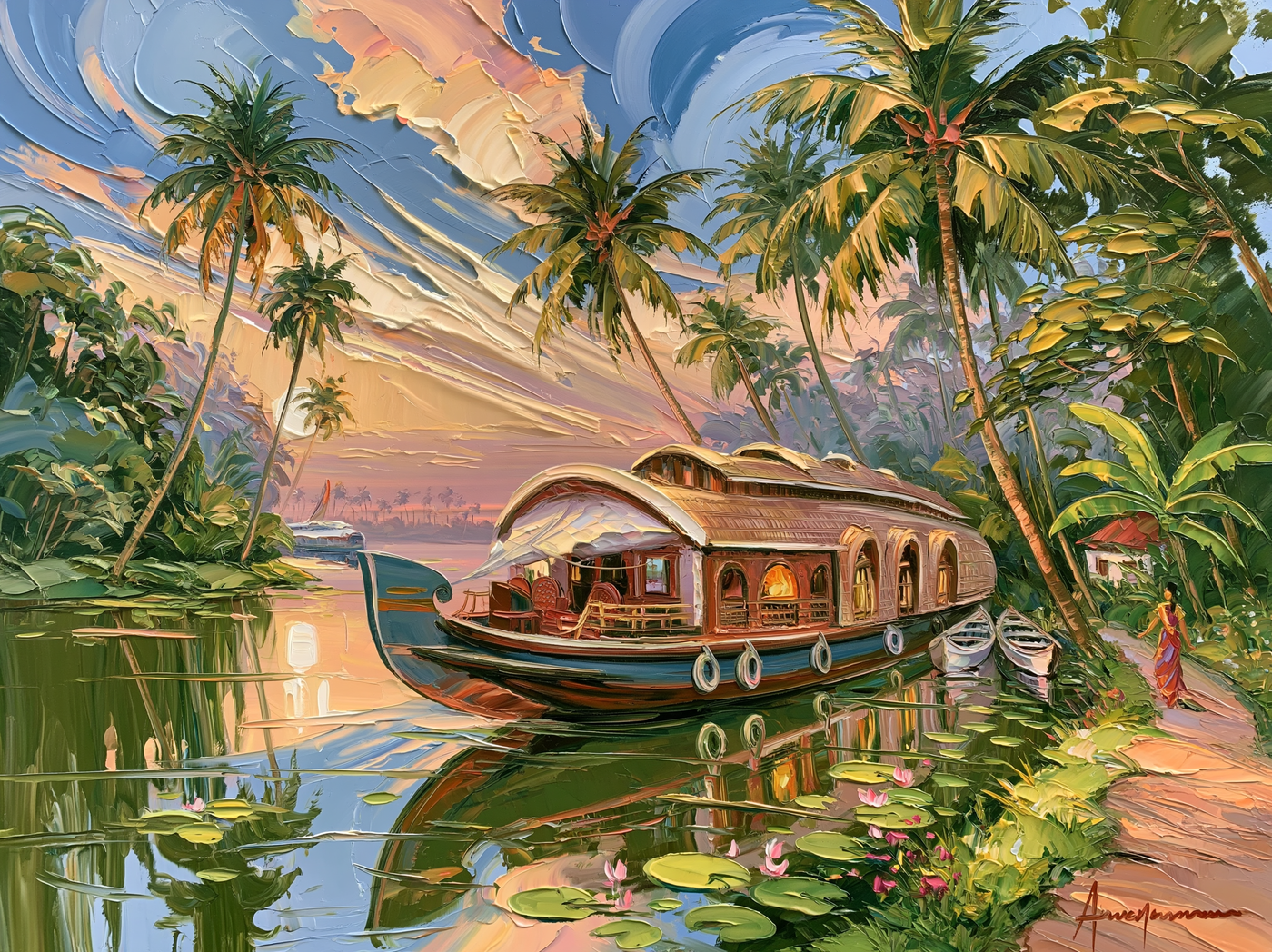 Palette-knife oil painting of a wooden houseboat moored among coconut palms on the Alleppey backwaters at dawn, still green water and warm gold light