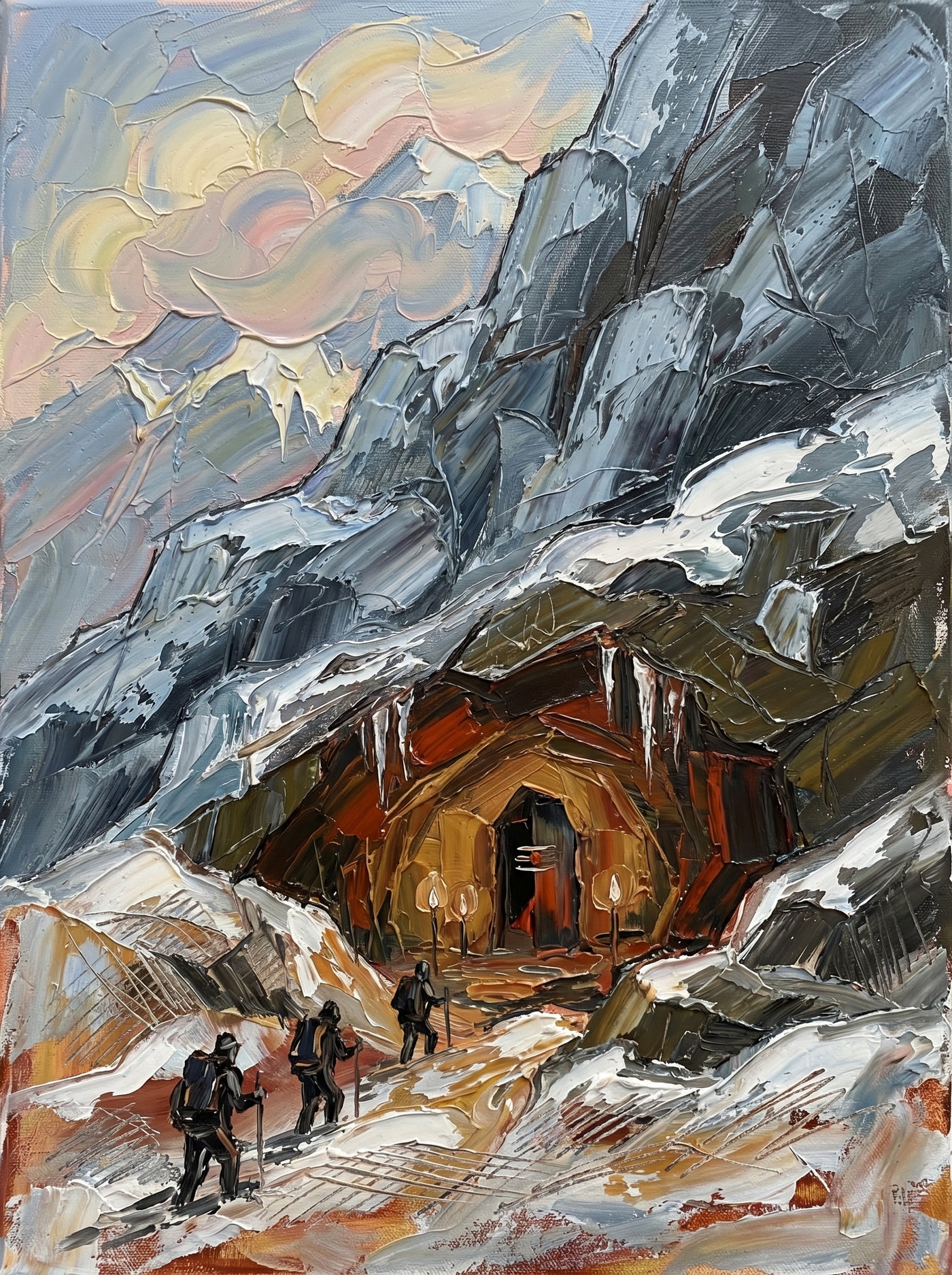 Palette-knife oil painting of the Amarnath cave shrine, a glowing amber cave mouth with lit lamps in a snow-streaked charcoal Himalayan rockface as four pilgrims climb the ochre path below