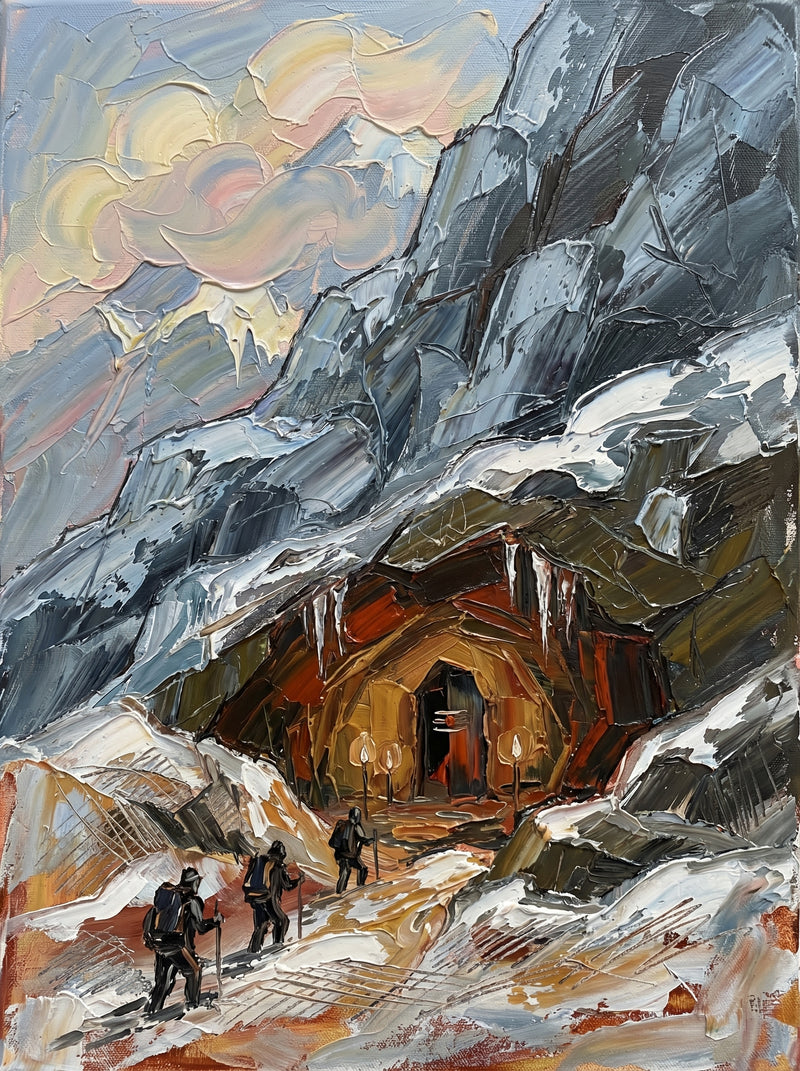 Palette-knife oil painting of the Amarnath cave shrine, a glowing amber cave mouth with lit lamps in a snow-streaked charcoal Himalayan rockface as four pilgrims climb the ochre path below