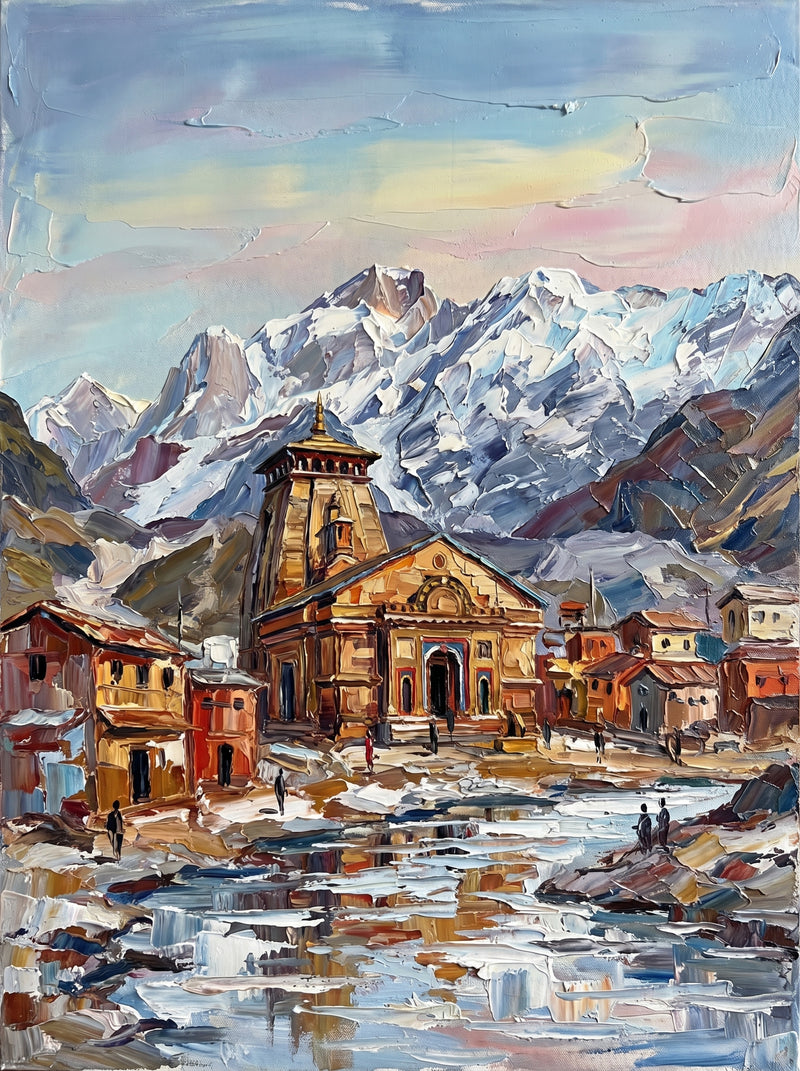 Palette-knife oil painting of Badrinath Temple, Uttarakhand, its painted saffron and blue gate and stone tower below a wall of Himalayan snow with lodges and the Alaknanda riverbed