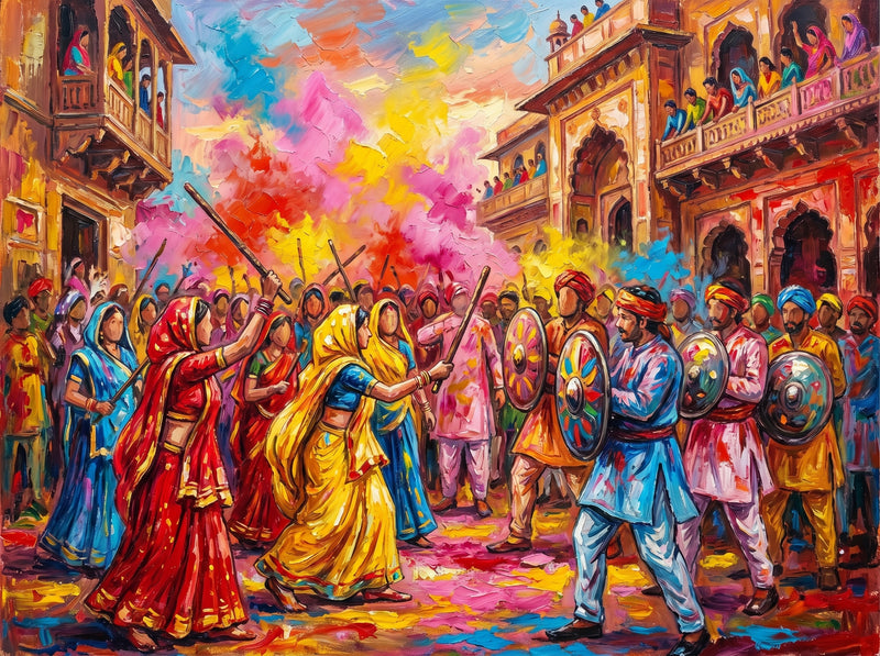 Palette-knife oil painting of Lathmar Holi at Barsana, women in bright saris swinging sticks at men holding round painted shields amid clouds of pink and yellow gulal below carved haveli balconies