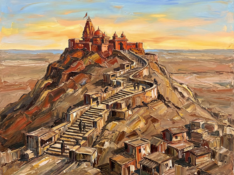 Palette-knife oil painting of the Radha Rani temple, Barsana, the red sandstone hilltop shrine at sunset with a long stairway climbing the ochre hill across the open Braj plain