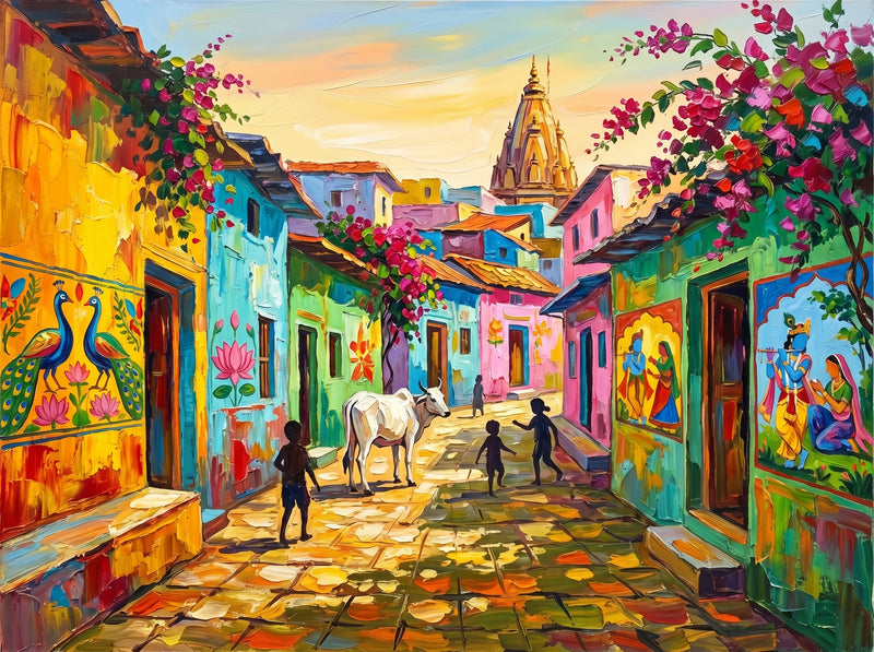 Palette-knife oil painting of Rangili Gali, Barsana, a painted lane of yellow, pink and turquoise houses with peacock and Krishna murals, spilling magenta bougainvillea, a white cow and children at play