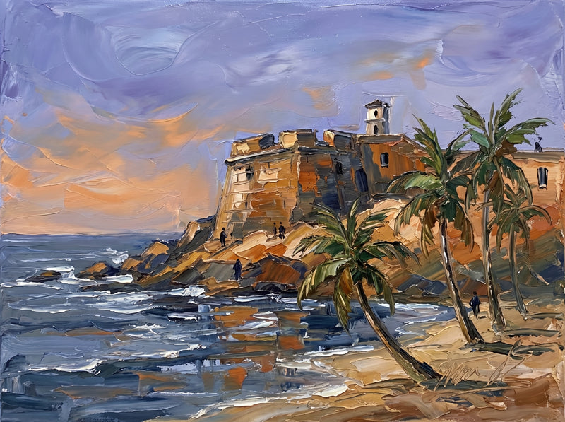 Palette-knife oil painting of Bekal Fort on the Kerala coast, a laterite headland fort and white observation tower above a slate Arabian Sea with coconut palms and a peach sunset sky