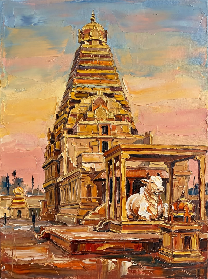Palette-knife oil painting of the Brihadeeswara Temple, Thanjavur, its golden Chola vimana against a peach sunset sky with a white Nandi bull resting in its pavilion
