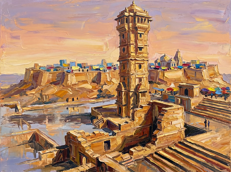 Palette-knife oil painting of the Vijay Stambh victory tower at Chittorgarh Fort, a tall carved sandstone tower over the plateau ruins and ramparts under an apricot-gold sky