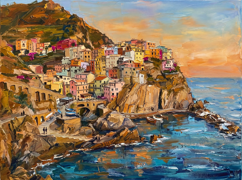 Palette-knife oil painting of a Cinque Terre village at golden hour, pastel pink and yellow houses stacked on a cliff above a turquoise harbour with small boats and terraced green slopes