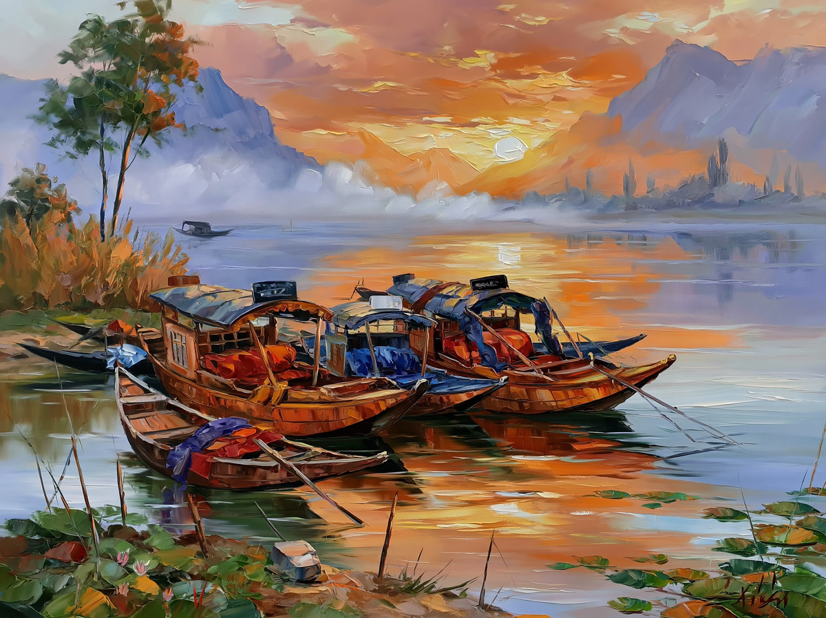 Palette-knife oil painting of shikara boats moored on Dal Lake at dawn, mist lifting off pale water with the Zabarwan hills behind