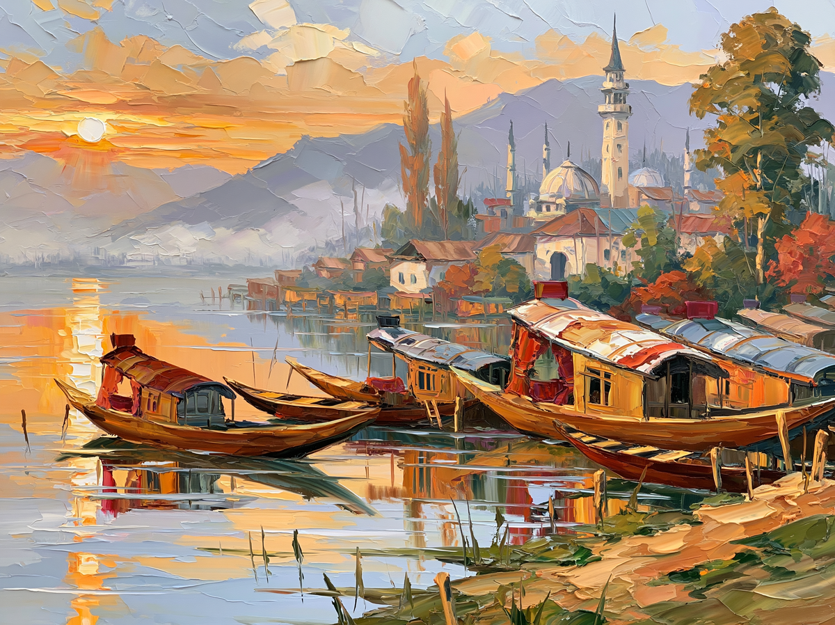 Palette-knife oil painting of shikara boats moored on Dal Lake at dawn, mist lifting off pale water with the Zabarwan hills behind