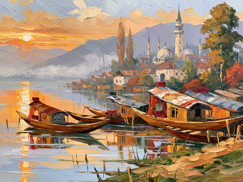 Palette-knife oil painting of shikara boats moored on Dal Lake at dawn, mist lifting off pale water with the Zabarwan hills behind
