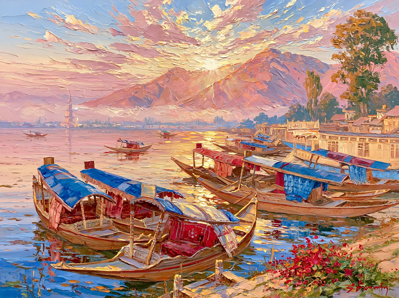 Palette-knife oil painting of shikara boats moored on Dal Lake at dawn, mist lifting off pale water with the Zabarwan hills behind