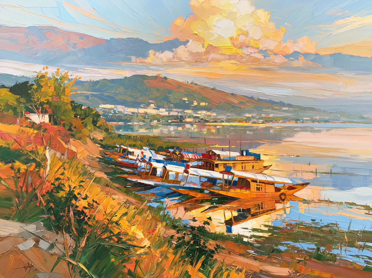 Palette-knife oil painting of shikara boats moored on Dal Lake at dawn, mist lifting off pale water with the Zabarwan hills behind
