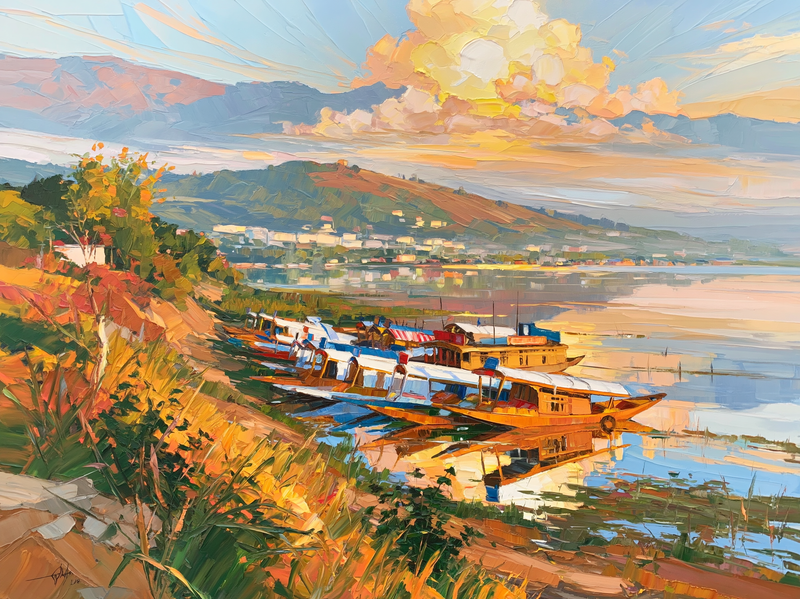 Palette-knife oil painting of shikara boats moored on Dal Lake at dawn, mist lifting off pale water with the Zabarwan hills behind