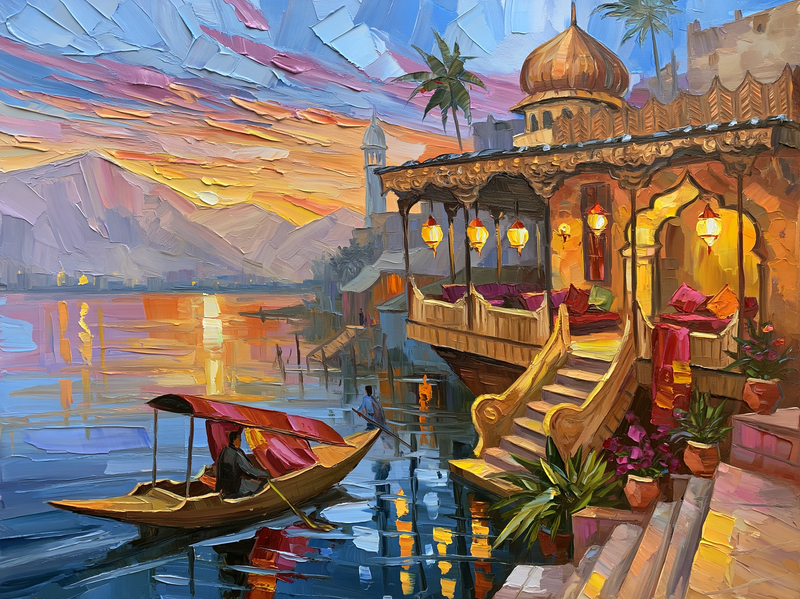 Palette-knife oil painting of a carved wooden Kashmiri houseboat on Dal Lake at dusk, lamps lit inside and long reflections on still water