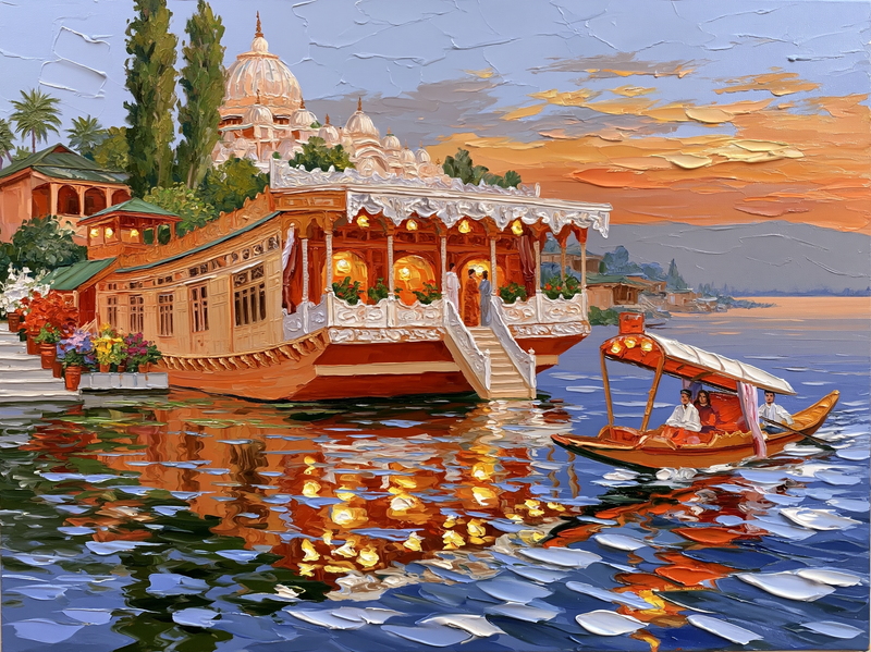 Palette-knife oil painting of a carved wooden Kashmiri houseboat on Dal Lake at dusk, lamps lit inside and long reflections on still water
