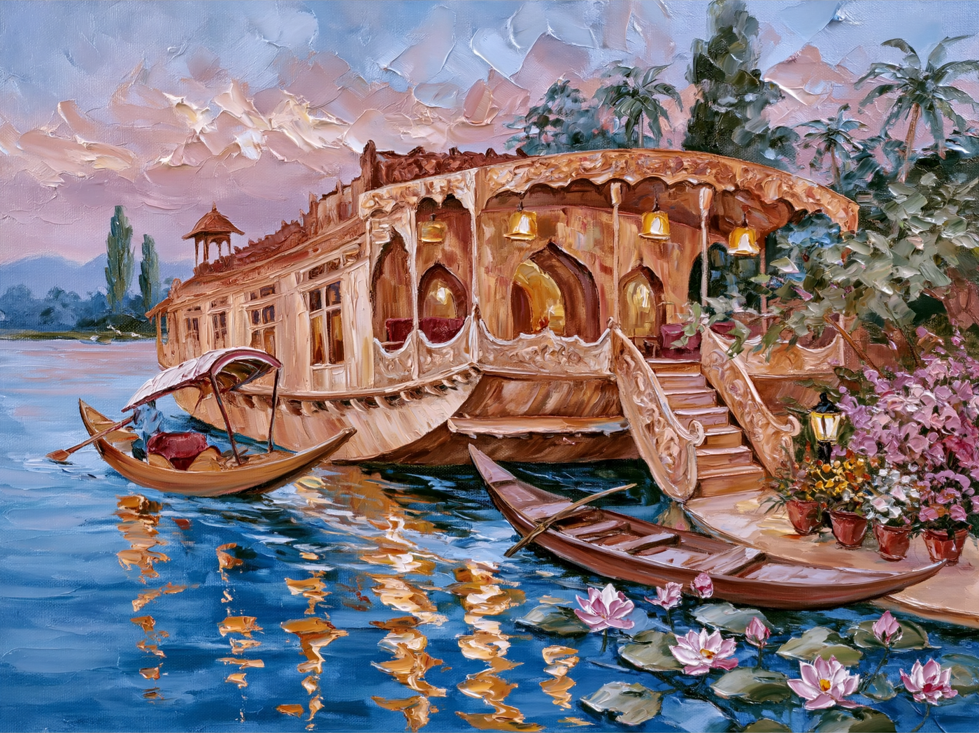 Palette-knife oil painting of a carved wooden Kashmiri houseboat on Dal Lake at dusk, lamps lit inside and long reflections on still water