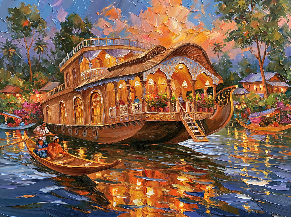 Palette-knife oil painting of a carved wooden Kashmiri houseboat on Dal Lake at dusk, lamps lit inside and long reflections on still water
