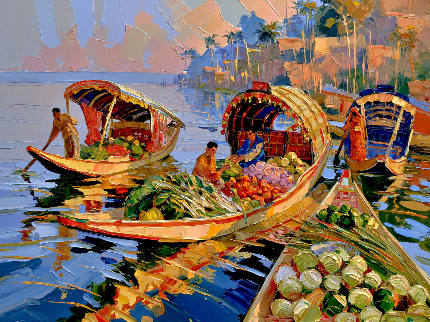 Palette-knife oil painting of Kashmir's floating vegetable market, shikara boats heaped with produce on Dal Lake at first light