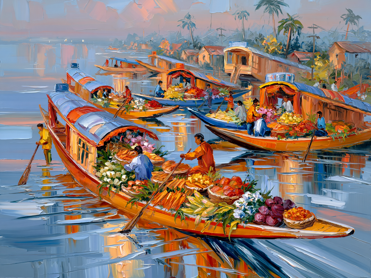 Palette-knife oil painting of Kashmir's floating vegetable market, shikara boats heaped with produce on Dal Lake at first light