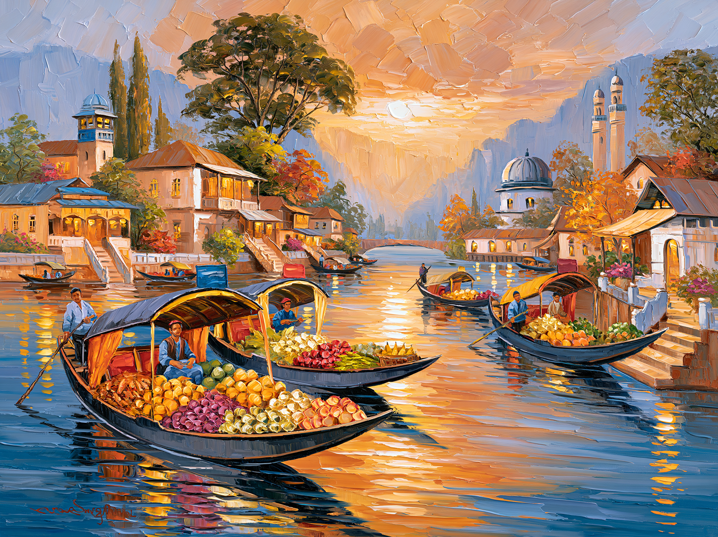 Palette-knife oil painting of Kashmir's floating vegetable market, shikara boats heaped with produce on Dal Lake at first light