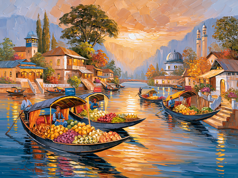 Palette-knife oil painting of Kashmir's floating vegetable market, shikara boats heaped with produce on Dal Lake at first light