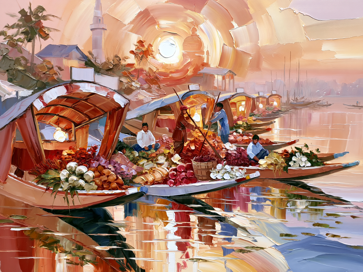 Palette-knife oil painting of Kashmir's floating vegetable market, shikara boats heaped with produce on Dal Lake at first light