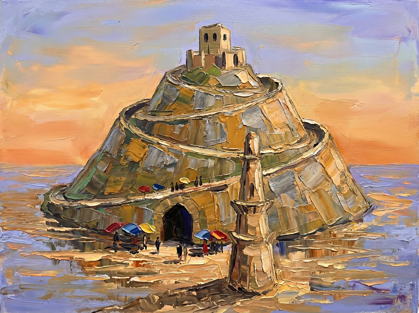 Palette-knife oil painting of Daulatabad Fort, a conical Devagiri hill wrapped in spiralling grey-gold ramparts to a hilltop citadel with a slim minaret at the base under an apricot sky