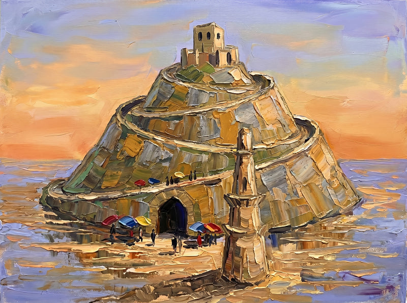 Palette-knife oil painting of Daulatabad Fort, a conical Devagiri hill wrapped in spiralling grey-gold ramparts to a hilltop citadel with a slim minaret at the base under an apricot sky