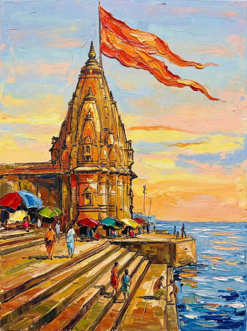 Palette-knife oil painting of the Dwarkadhish Temple, Dwarka, its tall ochre spire and scarlet flag over sandstone steps to blue water with pilgrims and market umbrellas at sunset
