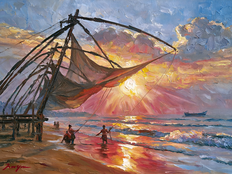 Palette-knife oil painting of the cantilevered Chinese fishing nets at Fort Kochi silhouetted against a burning sunset, fishermen hauling ropes on wet sand