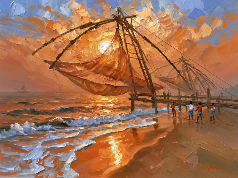 Palette-knife oil painting of the cantilevered Chinese fishing nets at Fort Kochi silhouetted against a burning sunset, fishermen hauling ropes on wet sand
