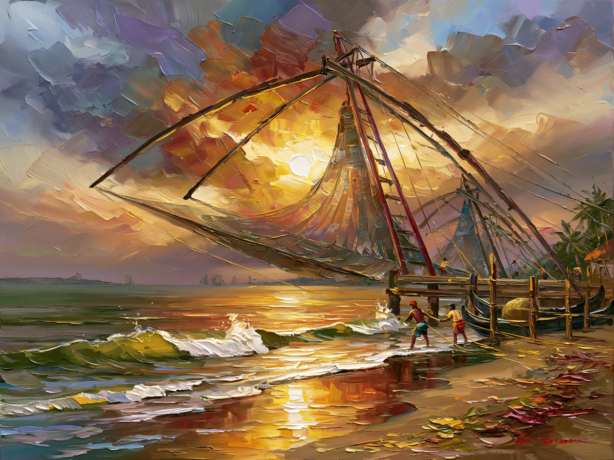 Palette-knife oil painting of the cantilevered Chinese fishing nets at Fort Kochi silhouetted against a burning sunset, fishermen hauling ropes on wet sand