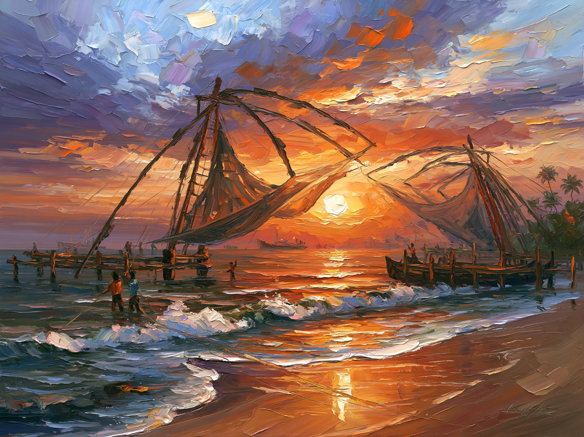 Palette-knife oil painting of the cantilevered Chinese fishing nets at Fort Kochi silhouetted against a burning sunset, fishermen hauling ropes on wet sand