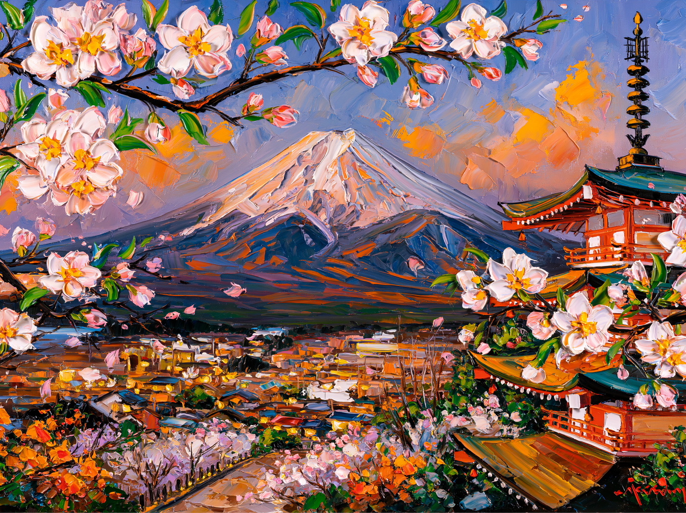 Palette-knife oil painting of Mount Fuji beyond the Chureito pagoda in spring, cherry blossom branches in the foreground and pink dawn on the snow cone