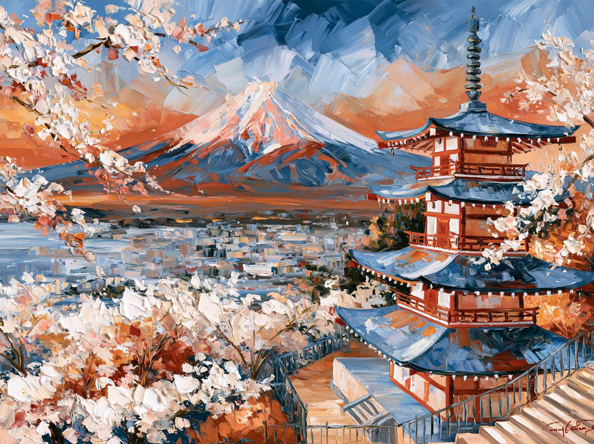 Palette-knife oil painting of Mount Fuji beyond the Chureito pagoda in spring, cherry blossom branches in the foreground and pink dawn on the snow cone