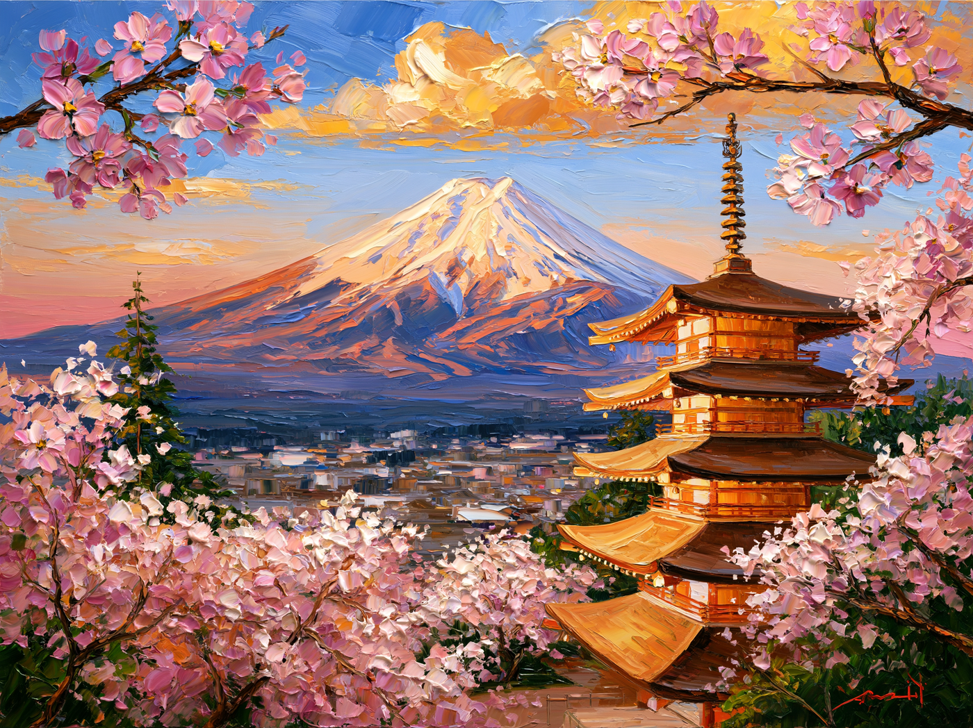 Palette-knife oil painting of Mount Fuji beyond the Chureito pagoda in spring, cherry blossom branches in the foreground and pink dawn on the snow cone