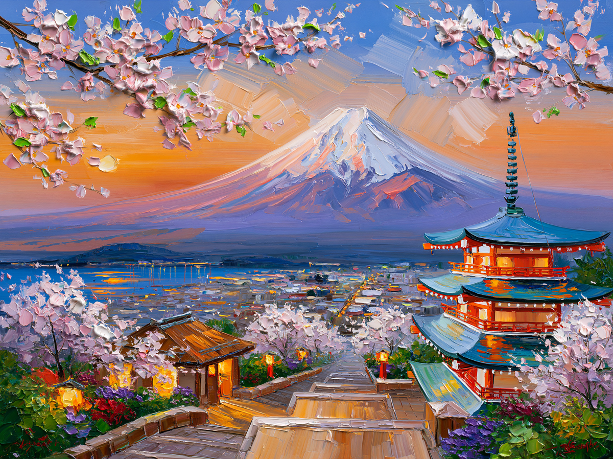 Palette-knife oil painting of Mount Fuji beyond the Chureito pagoda in spring, cherry blossom branches in the foreground and pink dawn on the snow cone