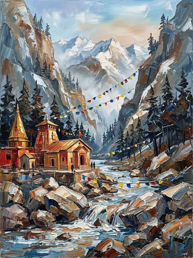 Palette-knife oil painting of Gangotri Temple, Uttarakhand, ochre shrines beside the rushing white Bhagirathi with prayer flags and pines in a Himalayan gorge below snow peaks