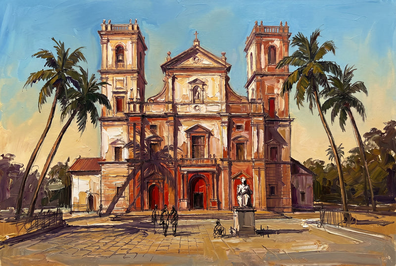 Palette-knife oil painting of a twin-towered Portuguese-Baroque church in Old Goa, cream-and-ochre facade between tall coconut palms with a paved plaza under a warm amber sky