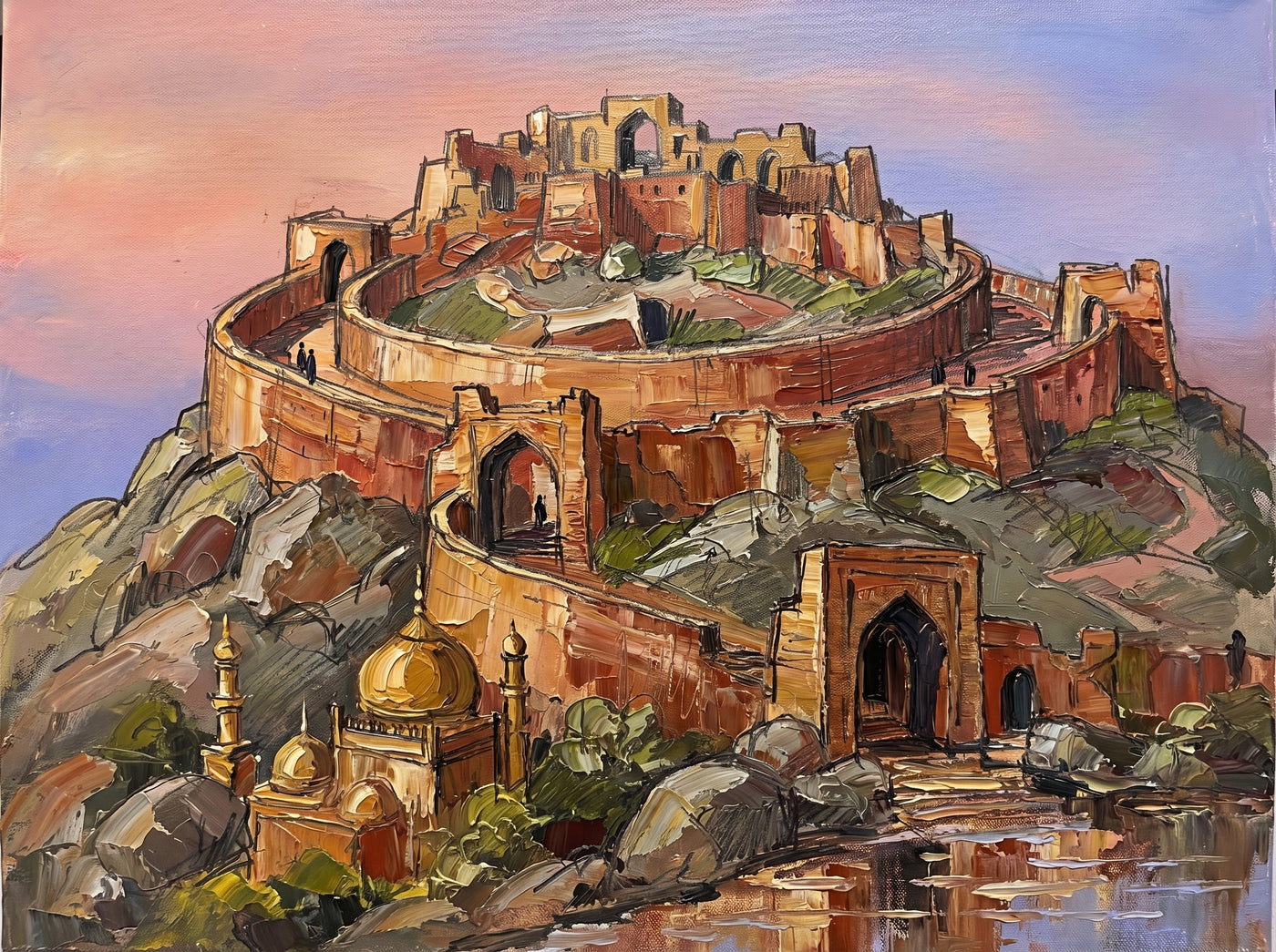 Palette-knife oil painting of Golconda Fort Hyderabad, a granite hill ringed with rust ramparts to the Bala Hisar ruins with a gold-domed mosque and arched gateway at the base under a pink-lavender sky